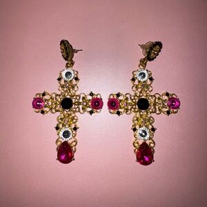 Baroque Rhinestone Cross Earrings | Gold-Tone & Pink